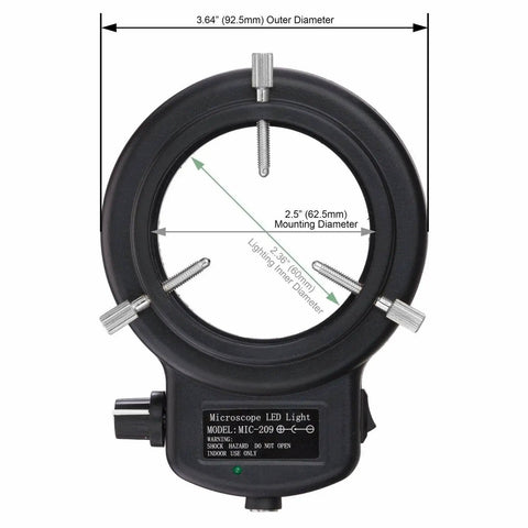 Intensity Adjustable 144 LED Ring Light for Stereo Microscopes with Built In Dimmer, 3.64-inch black mounting ring