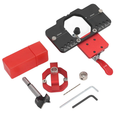 Precision 35mm Concealed Door Hinge Jig For Cabinets With Adjustable Depth Stops And Drill Bit Locator showing red aluminum components and tools.