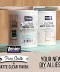 Venier Pure Chalk Vintage Look and Matte Clear Finish cans with brush on table, text: Your New DIY Allies