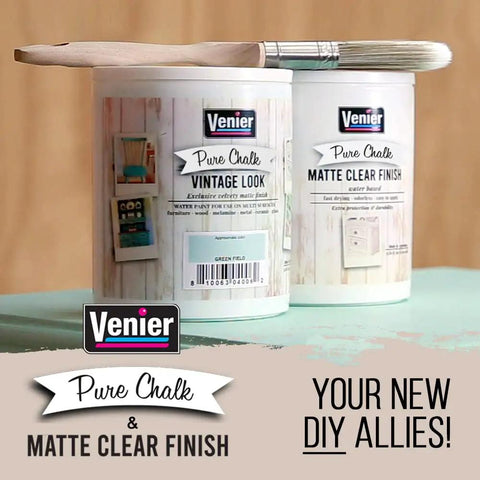 Venier Pure Chalk Vintage Look and Matte Clear Finish cans with brush on table, text: Your New DIY Allies
