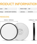Product information with dimensions showing No Fuss Flush Mount LED Ceiling Light 18W 5000K Daylight, 1800 Lumens, 8.9 Inch Round
