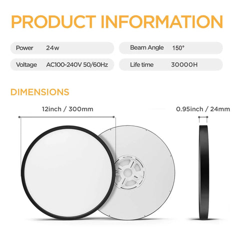 Product information with dimensions showing No Fuss Flush Mount LED Ceiling Light 18W 5000K Daylight, 1800 Lumens, 8.9 Inch Round