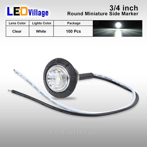 100 Pack Three Quarter Inch Clear Lens White LED Bullet Side Marker Clearance Lights Universal Fit trailer truck SUV ATV RV bus
