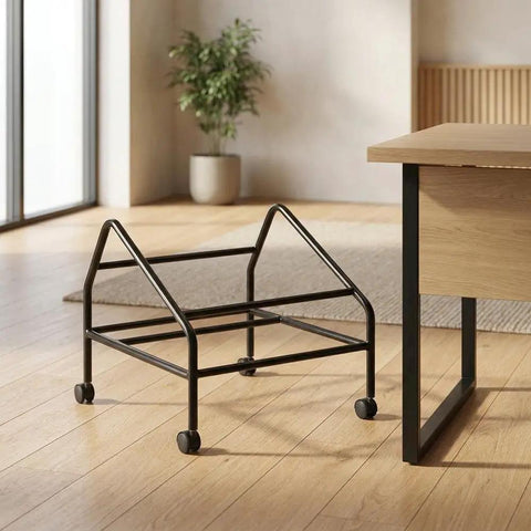 Heavy Duty Office Chair Dolly That Rolls Smooth Rolling Transport Cart For Moving And Repositioning Desk Chairs, Fits Model B1400, 19 Inch Height, No More Lifting Heavy Chairs, Keeps Your Workspace Organized. Black steel office chair dolly on casters beside a desk