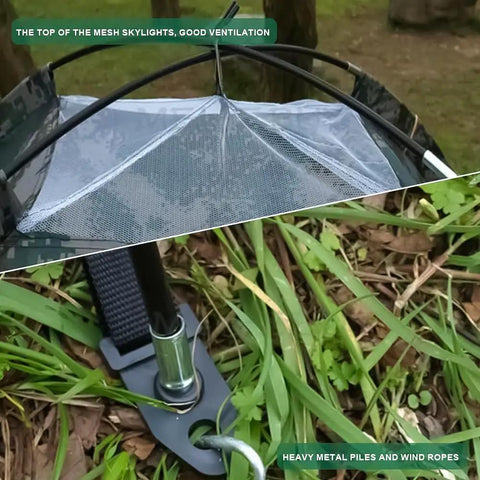 Close-up view of a 3-4 Person Camping Tent With Rain Fly And Carrying Bag Waterproof Family Dome Shelter for ventilation and ground securing.