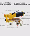 Heavy Duty Pneumatic Belt Sander With 100 Sanding Belts 360 Swivel Chuck High Torque 10000 RPM labeled diagram showing components.