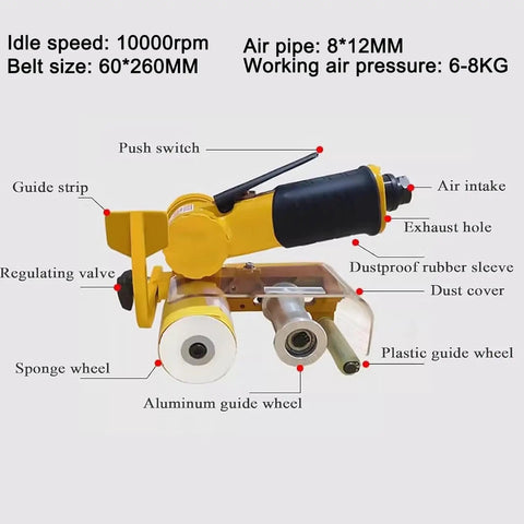 Heavy Duty Pneumatic Belt Sander With 100 Sanding Belts 360 Swivel Chuck High Torque 10000 RPM labeled diagram showing components.
