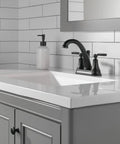 Woodhurst Matte Black Bath Faucet With 3-Hole 4-Inch Mount, 1 Quarter Turn Handles, ADA Compliant And WaterSense Certified on modern sink