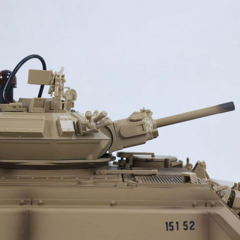Close-up of 1/16 Scale Remote Control M113A1 MRV Tank With Infrared Barrel Recoil in Desert Yellow Pro Edition showing turret detail.