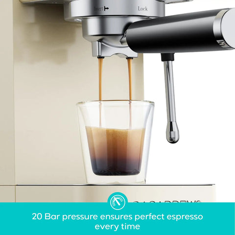 Barista Worthy Home Espresso Machine With 20 Bar Pressure, Stainless Steel Coffee Maker, brewing espresso into a glass