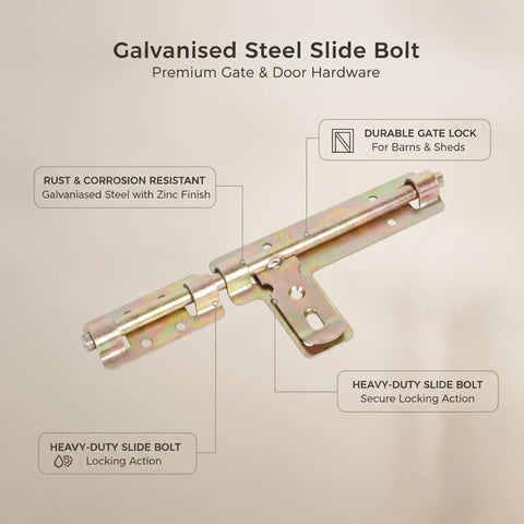 Vihyrax Gate Latch Slide Bolt Lock, 1 PC made of galvanized steel with a zinc finish, showing locking mechanism and installation points.