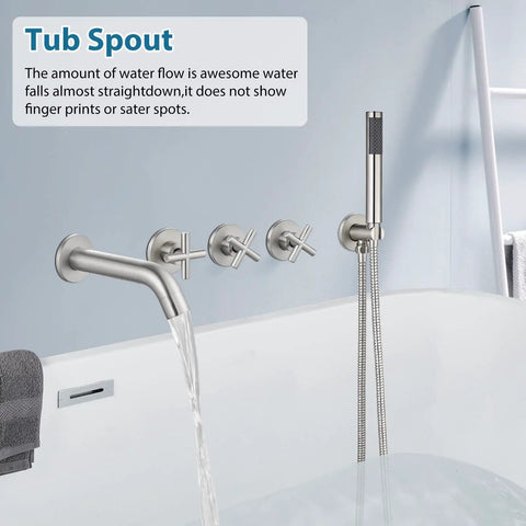 Brushed Nickel Wall Mount Tub Filler With 3 Handles Handheld Shower Waterfall Spout Valve Trim Kit High Flow Rate Tub Faucet Set