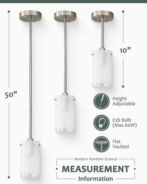 Measurement guide for One Light Mini Pendant With White Frosted Shade, Brushed Nickel Finish, adjustable height up to 50 inches.