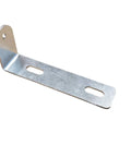 Beefy Galvanized Steel Roller Bracket For One Quarter Inch Round Axle Support with slotted mounting holes, side angle view.