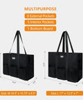 Black water resistant tote bag with 13 pockets, top zipper, size options 14.5x10.75x6.5 and 17x13.5x7, for working women
