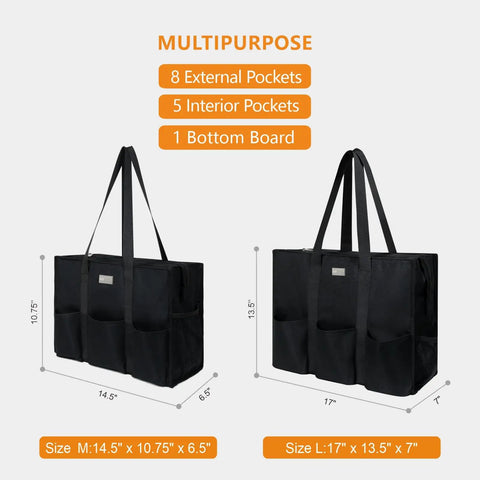 Black water resistant tote bag with 13 pockets, top zipper, size options 14.5x10.75x6.5 and 17x13.5x7, for working women