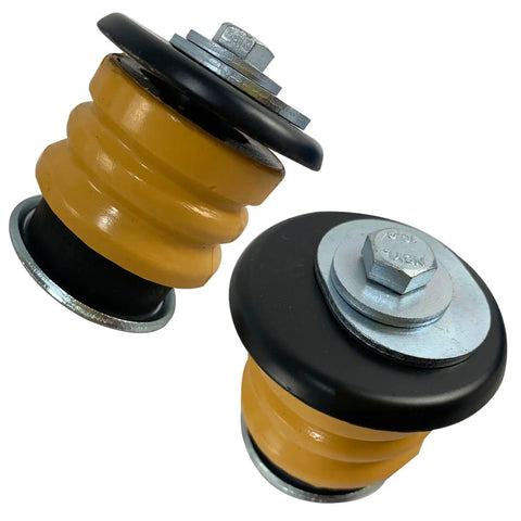 Heavy Duty Badass Body And Cab Mount Bushing Kit For 2002 To 2005 Ford Explorer and Mercury Mountaineer showing yellow rubber cushions.