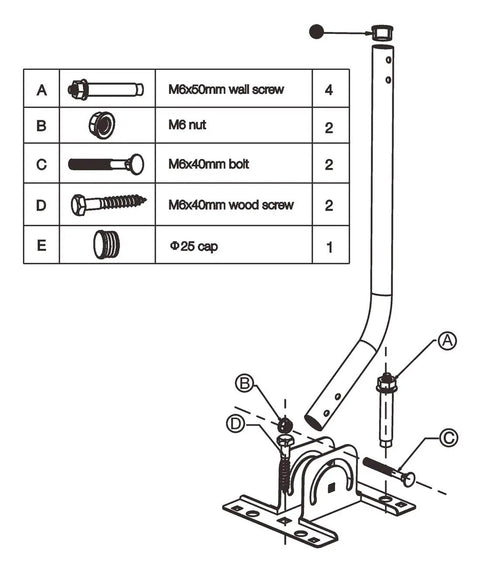 Diagram showing assembly of adjustable antenna mounting pole for indoor or outdoor use, with labeled screws and parts list.