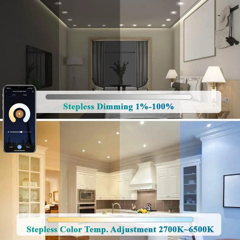 Comparison of dimming and color temperature features of 6 Inch Smart Recessed LED Can Lights with WiFi App and Remote