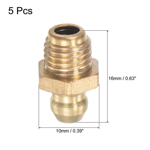 Brass Straight Grease Fittings Set, 5/16-24 UNF Thread, 10mm Width, Hydraulic Lubrication Fittings, Five Pack for Machinery and Vehicles, Rust Resistant, Oil Spill Proof, Easy Lubrication Accessory for DIY Projects; brass fitting shown with 10mm width