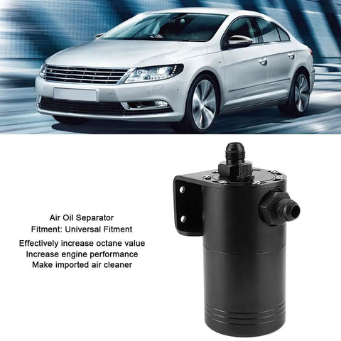 Yukofe Universal Air Oil Separator Catch Can in black stainless steel for car engine modification, preventing oil buildup.