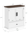 Over The Toilet Bathroom Wall Cabinet With Drawer And Adjustable Shelves Floating Medicine Cabinet Organizer For Small Bathrooms Dual Doors White And Brown Space Saver Storage Easy To Install, front view with dimensions