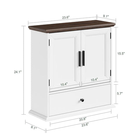 Over The Toilet Bathroom Wall Cabinet With Drawer And Adjustable Shelves Floating Medicine Cabinet Organizer For Small Bathrooms Dual Doors White And Brown Space Saver Storage Easy To Install, front view with dimensions