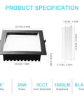 HITOO 8 Inch Square Recessed Ceiling Light, 3CCT, Dimmable, Black, 2 Pack with specifications displayed.