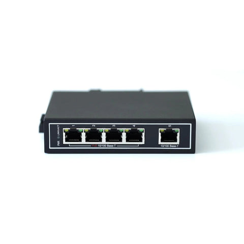 Unmanaged 5-Port PoE Industrial Ethernet Switch with 4 PoE ports, 10/100Mbps, front view showing ports, IP30 rugged housing.