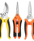 Three Pack Garden Pruning Shears With Stainless Steel Blades Handheld Clippers For Gardening Snips And Pruners Durable Yard Shears With Locking Safety Comfortable Grip Versatile Garden Cutting Tools in yellow, orange, and black