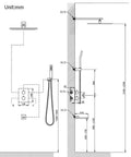 Brushed Gold Wall Mounted Shower System With Large Rainfall Head And Detachable Handheld Super Smooth Pressure Flow instant temperature control dimensions blueprint