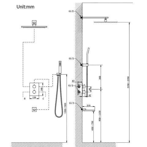 Brushed Gold Wall Mounted Shower System With Large Rainfall Head And Detachable Handheld Super Smooth Pressure Flow instant temperature control dimensions blueprint
