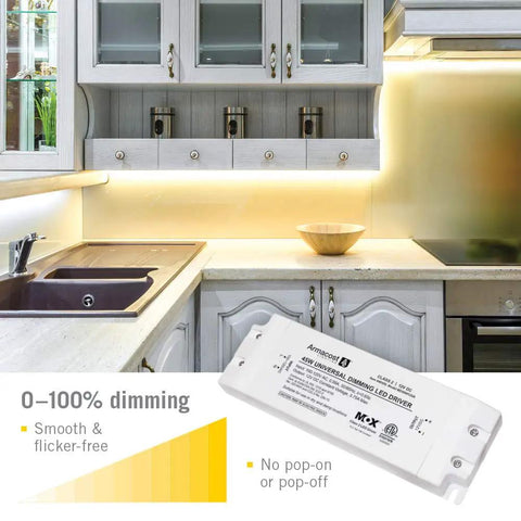 45-Watt Universal Dimmable 12V DC LED Driver in a kitchen setup, flicker-free dimming for LED strips 840450.