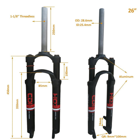 26 Inch Suspension Fork For Mountain Bikes, Single Shoulder 28.6mm Straight Tube, Ultralight Aluminum Alloy with disc brake compatibility, 1 1/8 Inch Headset Included, Easy 9mm Quick Release Assembly shown in black and red design.