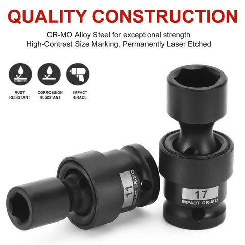 Heavy Duty 18-Piece One-Half Inch Drive Shallow Universal Impact Socket Set with 6-point metric 10-24 mm, CR-MO alloy steel