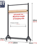 Diagram of Mobile 2/3 Tier Metal Clothes Hanger And Fabric Curtain Sample Display Rack With Wheels, dimensions shown.