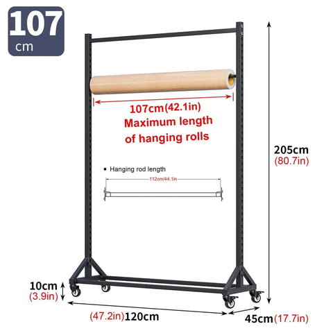 Diagram of Mobile 2/3 Tier Metal Clothes Hanger And Fabric Curtain Sample Display Rack With Wheels, dimensions shown.