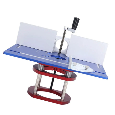 Top Shelf Aluminum Router Lift Base Height Adjustable Manual Woodworking Table Slick Mounting with stainless steel brackets in blue.
