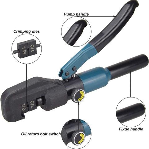 Pro Grade Hydraulic Crimper Tool For 1/8 Inch Stainless Steel Cable Railing Fittings With Custom Dies, close-up view