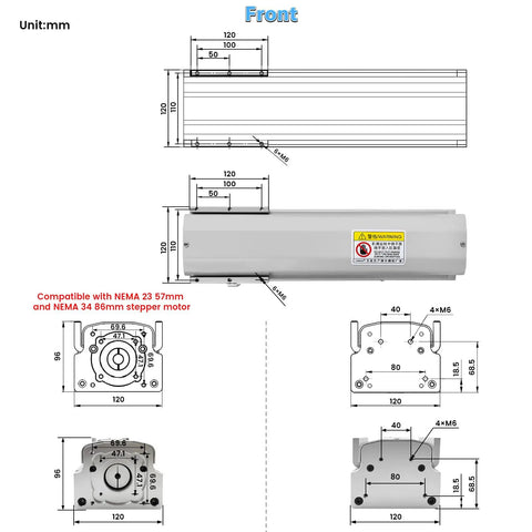 40 Inch Fully Enclosed Linear Rail Slide Table With Protective Cover Dust Proof Shield Double Rail Motion Stage 1000mm Stroke Ball Screw Guide For CNC Woodworking And Metalworking Projects, front view with NEMA motor mount dimensions