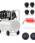Whisper Quiet 3HP Oil Free Air Compressor 115 PSI 17 CFM 17 Gallon Tank with accessories for home garage and workshop use.