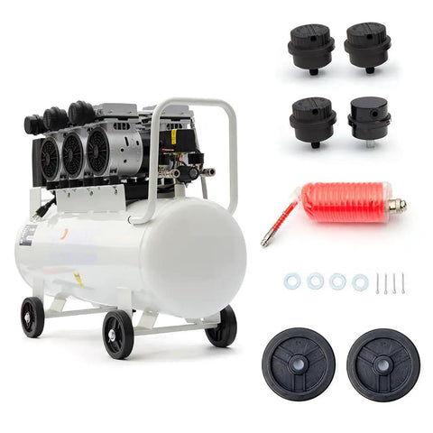 Whisper Quiet 3HP Oil Free Air Compressor 115 PSI 17 CFM 17 Gallon Tank with accessories for home garage and workshop use.