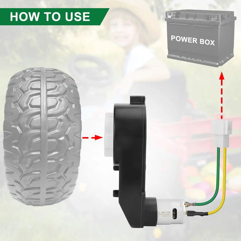 24V Kids Ride On Car Motor Gearbox Upgrade Kit With 40000RPM High Speed Drive 12mm Shaft assembly diagram with tire and power box