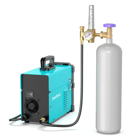 Gas regulator with flow meter for welding, Bestarc blue unit connected to Argon/CO2 cylinder
