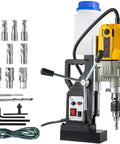 Heavy Duty Electric Magnetic Drill Press With Rock Solid Magnet Base Pro 1100 Watt Motor and twelve core bits for steel boring.