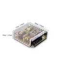 Rugged 50W Industrial DC Power Supply From RS-50 Series With Flexible Voltage Outputs 3.3V 5V 12V 15V 24V 48V One Color Finish Built For Tough Machinery, Controls, And Embedded Systems. perforated metal case, 97 x 99 x 36 mm