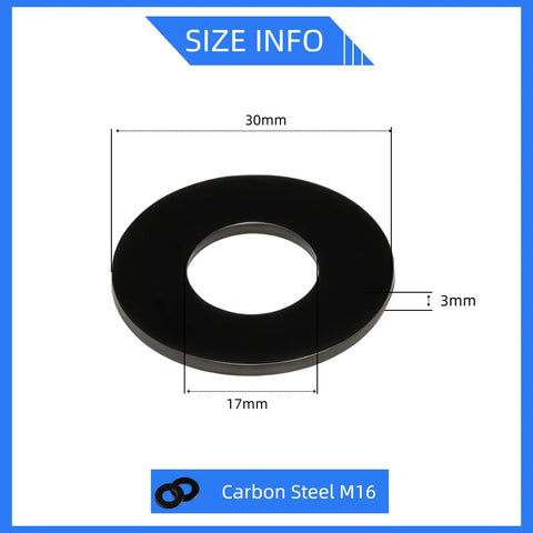M16 Fender Washers Flat Washers 30mm Outer Diameter 3mm Thick Carbon Steel Black Oxide for Screws and Bolts with size info