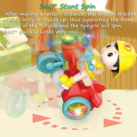 360 Degree Stunt Tricycle Toy With LED Lights And Dynamic Music Ride Simulation Pedicab STEM Spinning Electric Trike For Kids Durable Red Frame Non Slip Pedals Realistic Riding Experience Safe Easy Grip Steering, spinning red tricycle toy with child rider and glowing wheel