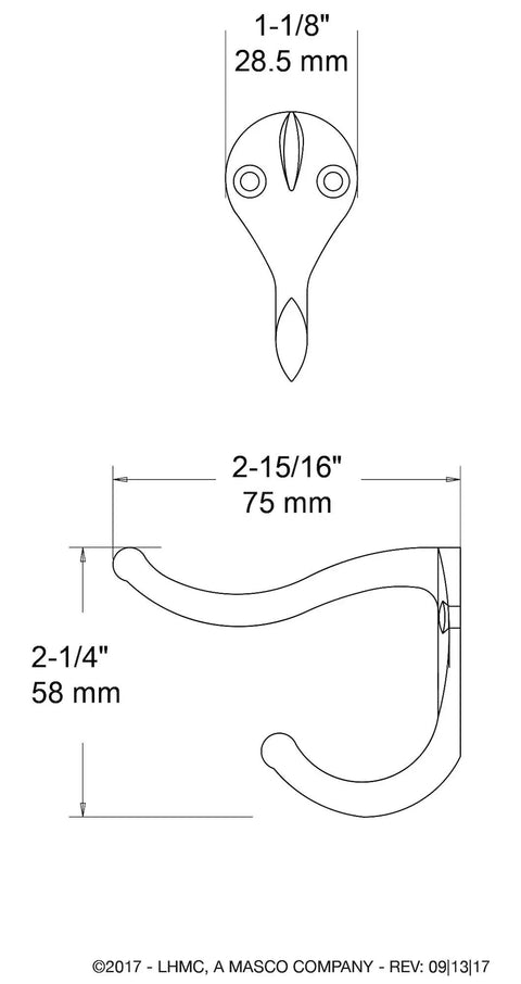 Technical drawing of Built Tough Heavy Duty Coat And Hat Wall Hooks Double Mount Hangers Matte Nickel Finish 35 Lb Capacity