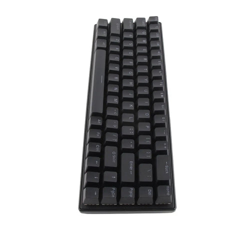 Clutch Compact Wired Mechanical Keyboard With Loud Blue Switches And Custom Rgb Backlight For Pro Gaming And Fast Typing Designed As A Sick 68 Key USB Device Built To Last Forever from a top view highlighting the dark keys.